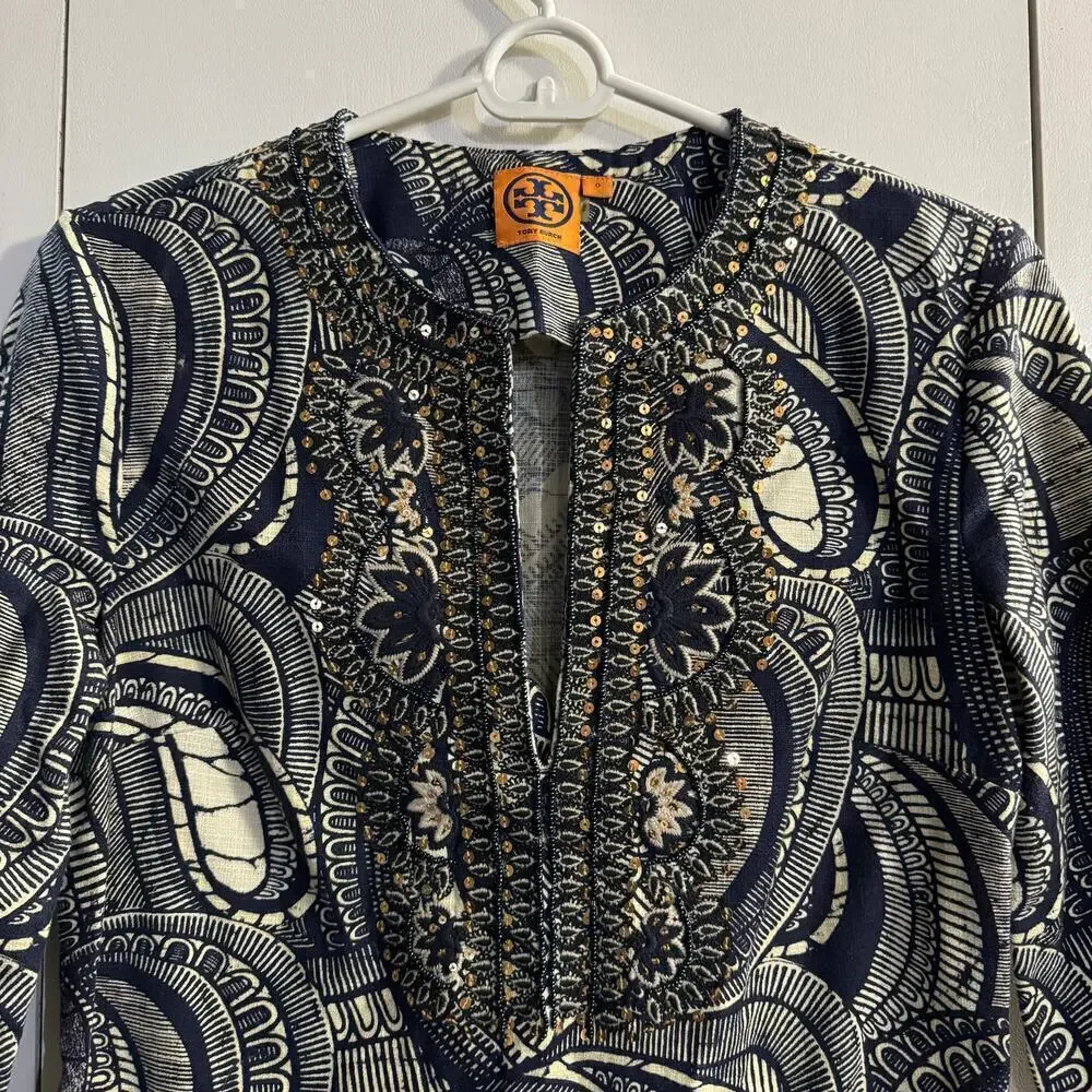 TORY BURCH LEILA CAFTAN TUNIC DRESS NAVY BLUE SIZE 0
